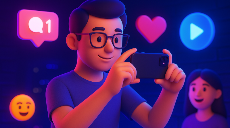 Illustration of person taking photo with iphone in a nighttime with neon lighting setting, with a creative mood.