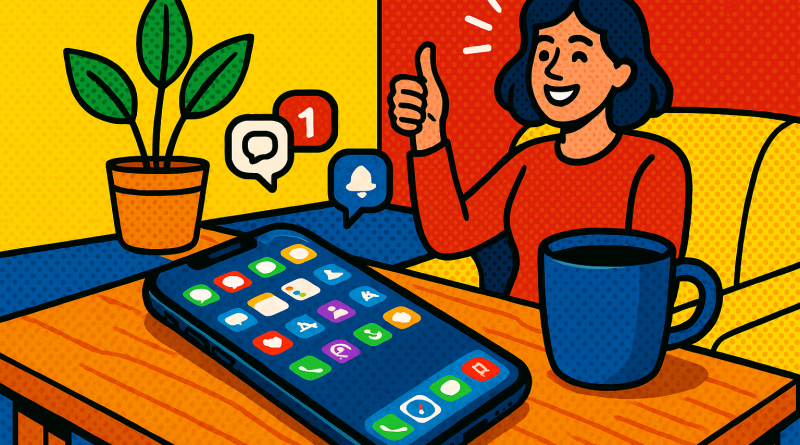 Illustration of iphone on desk in a cozy home environments setting, with a relaxed mood.