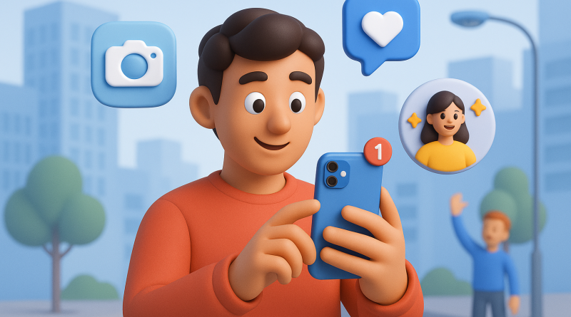 Illustration of user interacting with iphone in a urban cityscapes setting, with a inspired mood.