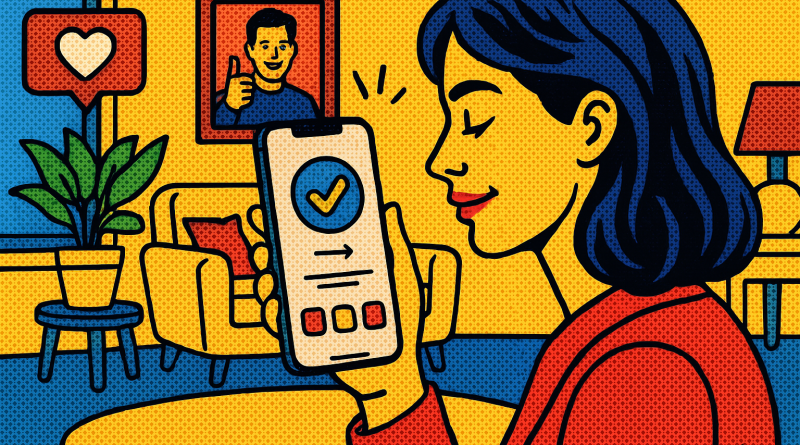 Illustration of app walkthrough on iphone in a cozy home environments setting, with a creative mood.