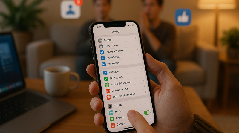 Illustration of ios settings screen in a cozy home environments setting, with a focused mood.