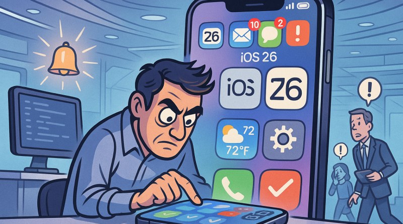 Illustration of ios 26 interface in a futuristic tech spaces setting, with a determined mood.