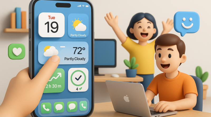 Illustration of finger tapping ios feature in a modern workspaces setting, with a happy mood.