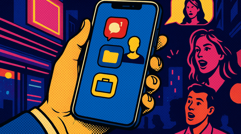 Illustration of iphone in hand in a nighttime with neon lighting setting, with a focused mood.