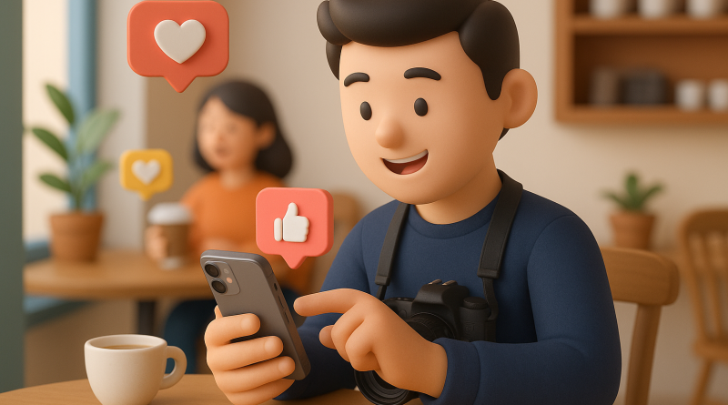 Illustration of user interacting with iphone in a coffee shops setting, with a happy mood.