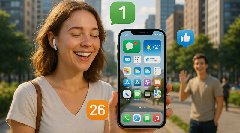 Illustration of iphone thumbnails side by side in a urban cityscapes setting, with a happy mood.