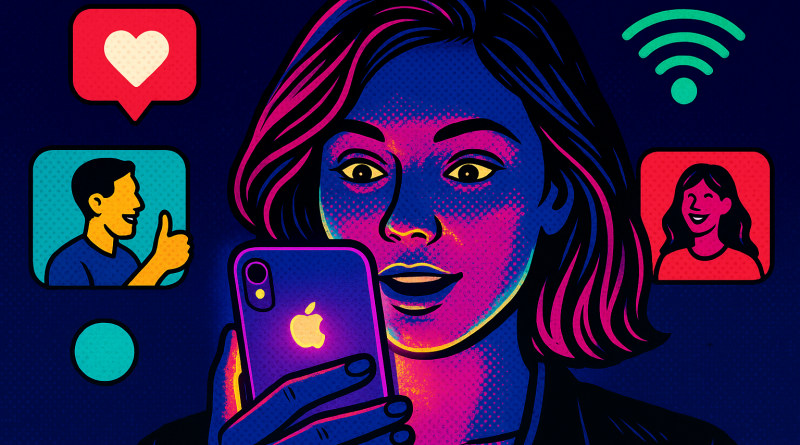 Illustration of face close-up using iphone in a nighttime with neon lighting setting, with a inspired mood.