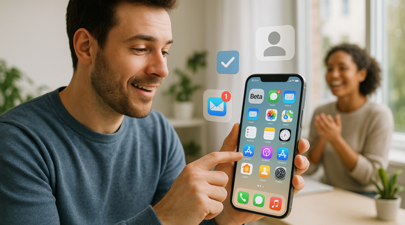 Illustration of user interacting with iphone in a bright daylight studios setting, with a inspired mood.