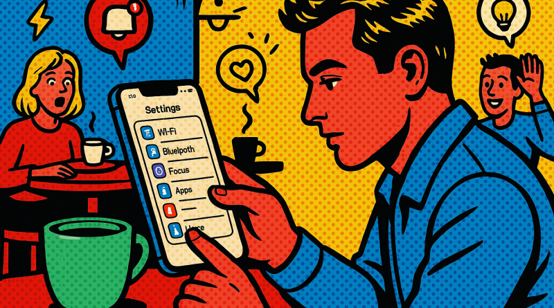 Illustration of ios settings screen in a coffee shops setting, with a creative mood.