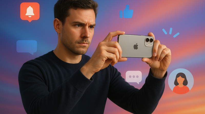 Illustration of person taking photo with iphone in a abstract digital gradients setting, with a determined mood.