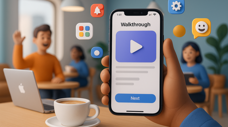 Illustration of app walkthrough on iphone in a coffee shops setting, with a creative mood.