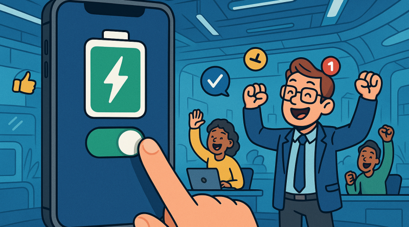 Illustration of finger tapping ios feature in a futuristic tech spaces setting, with a happy mood.