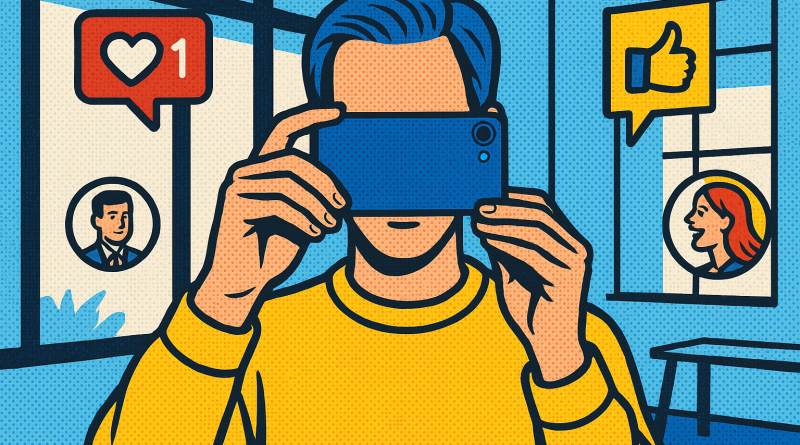 Illustration of person taking photo with iphone in a bright daylight studios setting, with a creative mood.