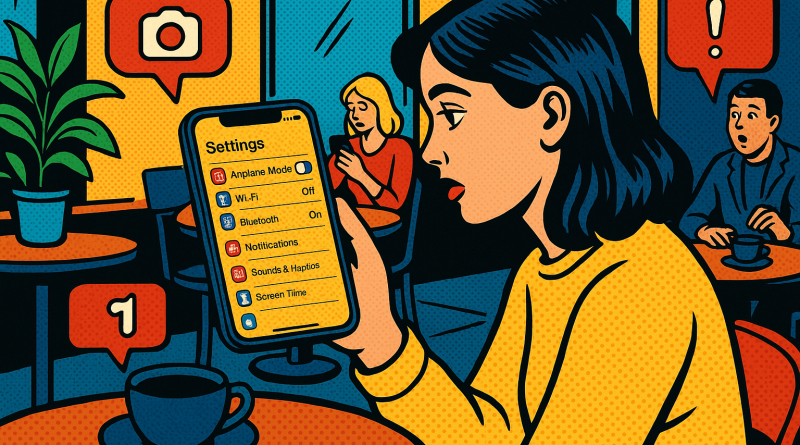 Illustration of ios settings screen in a coffee shops setting, with a focused mood.