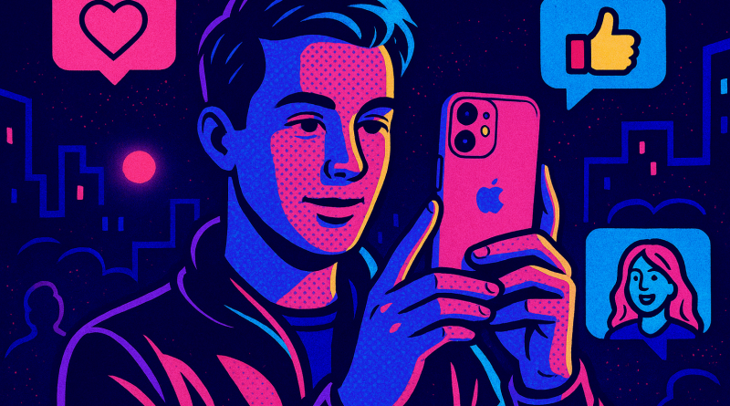 Illustration of person taking photo with iphone in a nighttime with neon lighting setting, with a creative mood.