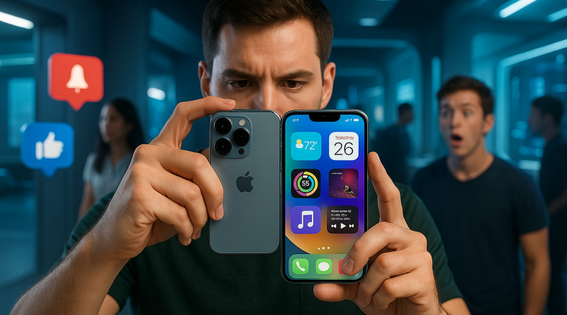 Illustration of person taking photo with iphone in a futuristic tech spaces setting, with a focused mood.