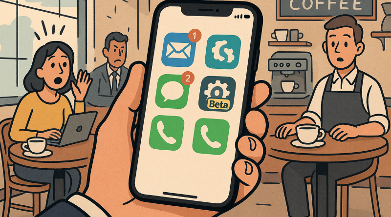 Illustration of iphone in hand in a coffee shops setting, with a focused mood.