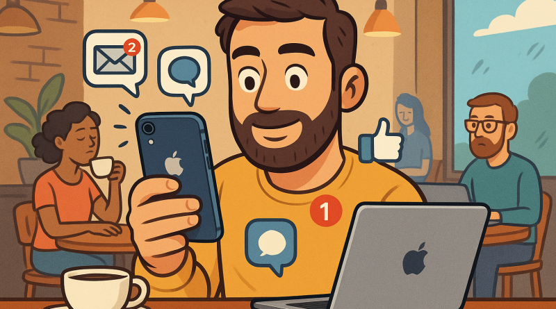 Illustration of face close-up using iphone in a coffee shops setting, with a relaxed mood.