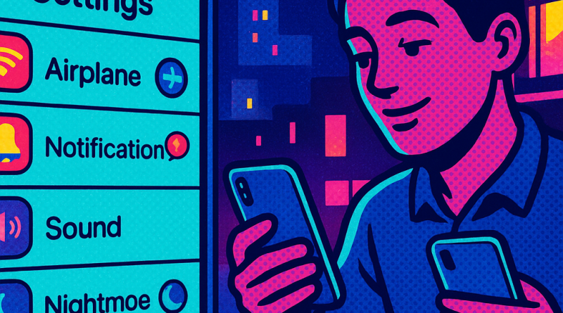 Illustration of ios settings screen in a nighttime with neon lighting setting, with a relaxed mood.