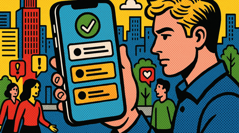 Illustration of app walkthrough on iphone in a urban cityscapes setting, with a focused mood.