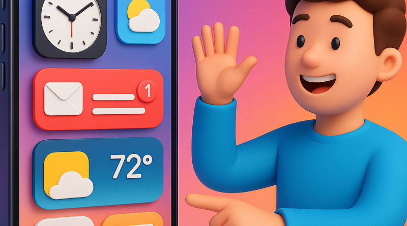 Illustration of app walkthrough on iphone in a abstract digital gradients setting, with a happy mood.