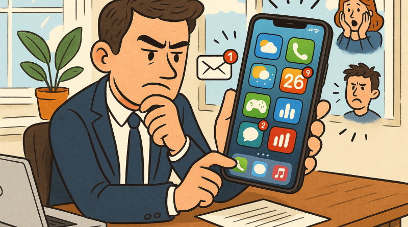 Illustration of iphone on desk in a bright daylight studios setting, with a determined mood.