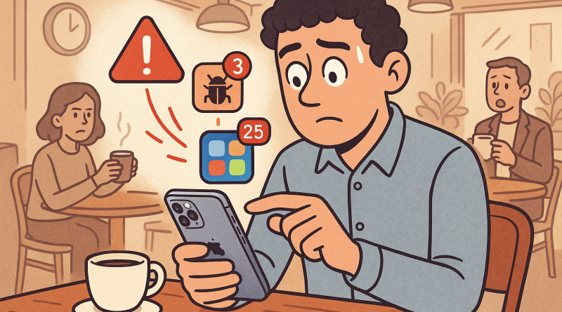 Illustration of user interacting with iphone in a coffee shops setting, with a relaxed mood.