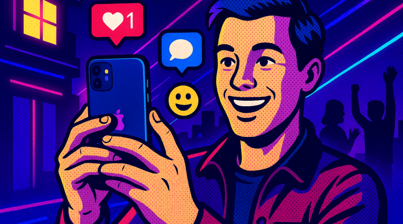 Illustration of person taking photo with iphone in a nighttime with neon lighting setting, with a happy mood.