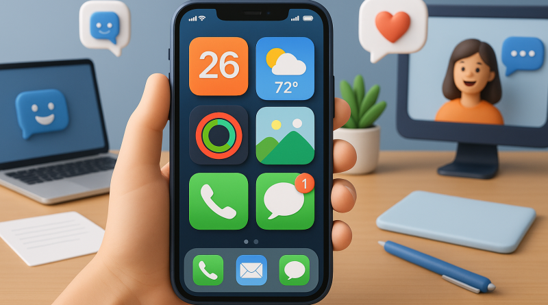 Illustration of iphone in hand in a modern workspaces setting, with a happy mood.