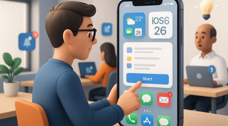 Illustration of app walkthrough on iphone in a modern workspaces setting, with a focused mood.