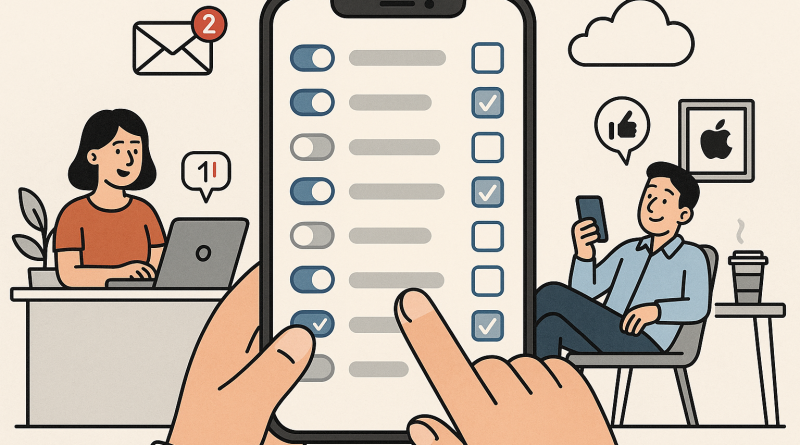 Illustration of finger tapping ios feature in a minimal tech setups setting, with a relaxed mood.