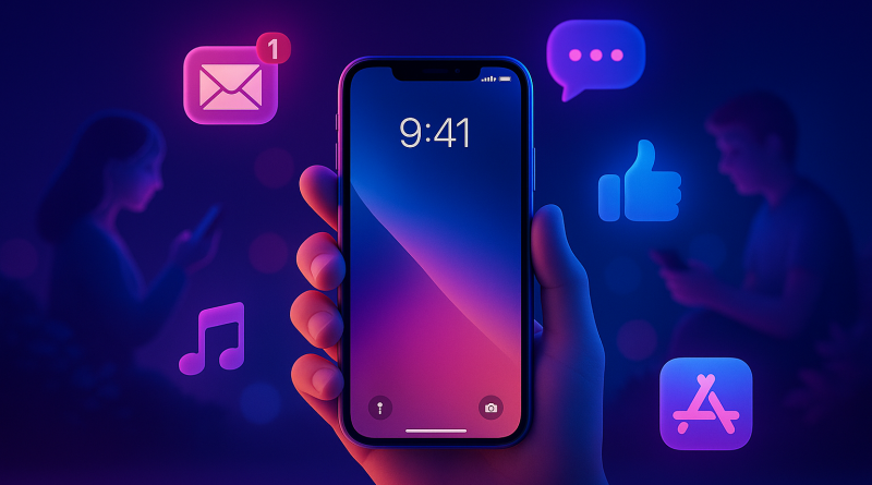 Illustration of iphone in hand in a nighttime with neon lighting setting, with a relaxed mood.