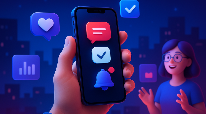 Illustration of iphone in hand in a nighttime with neon lighting setting, with a creative mood.