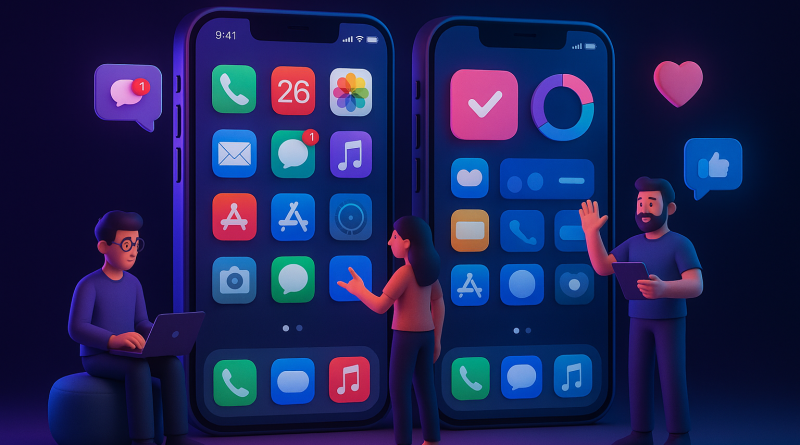 Illustration of iphone thumbnails side by side in a nighttime with neon lighting setting, with a creative mood.