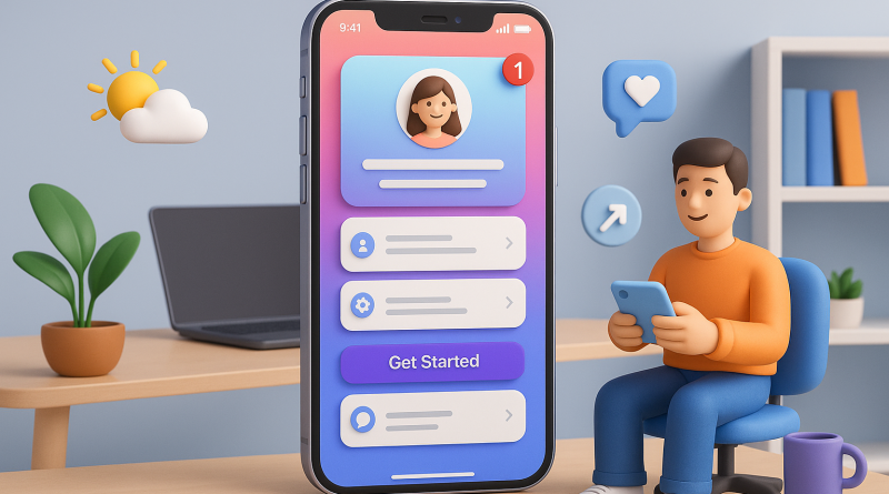 Illustration of app walkthrough on iphone in a modern workspaces setting, with a relaxed mood.