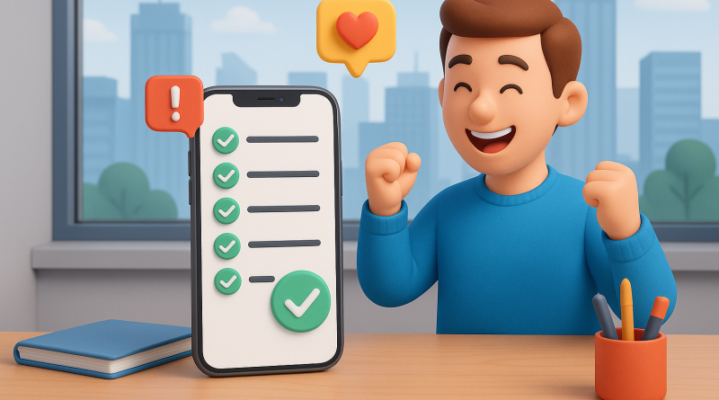 Illustration of iphone on desk in a urban cityscapes setting, with a happy mood.