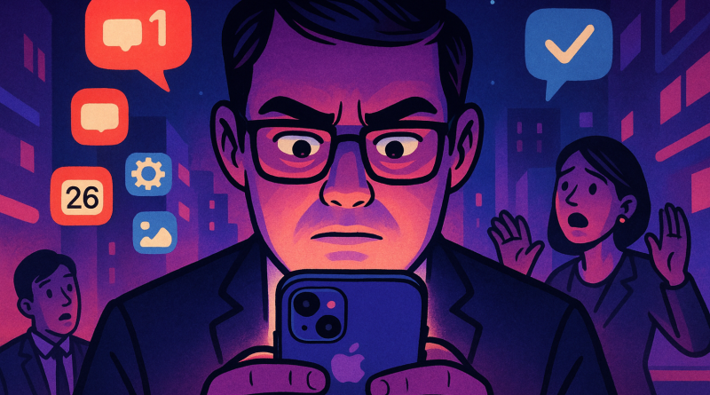 Illustration of face close-up using iphone in a nighttime with neon lighting setting, with a focused mood.