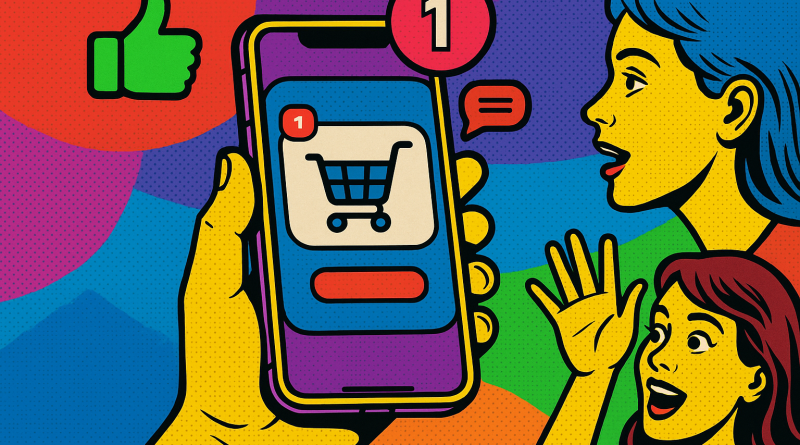 Illustration of iphone in hand in a abstract digital gradients setting, with a creative mood.