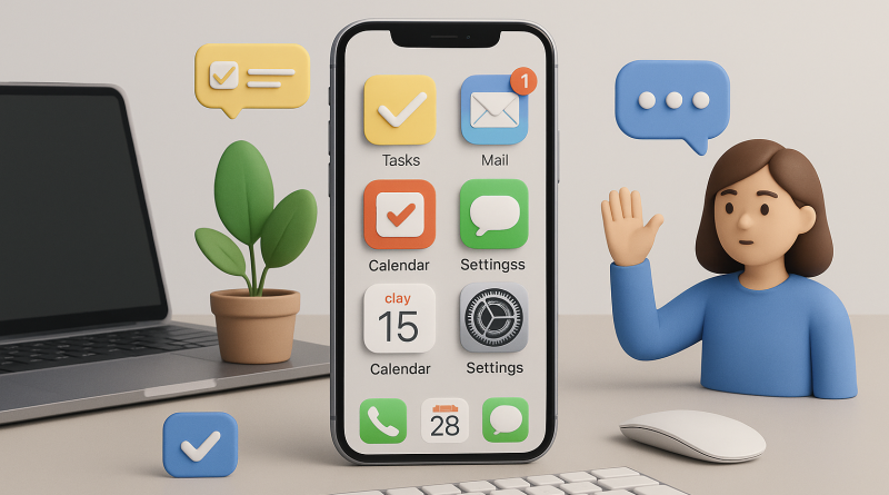Illustration of iphone on desk in a minimal tech setups setting, with a focused mood.