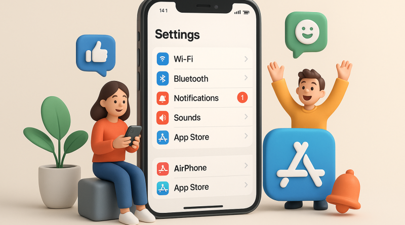 Illustration of ios settings screen in a minimal tech setups setting, with a happy mood.