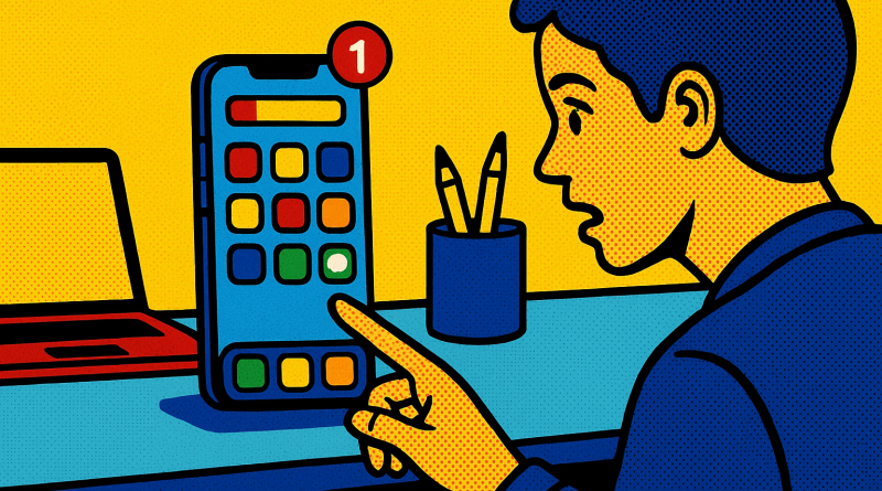 Illustration of iphone on desk in a minimal tech setups setting, with a determined mood.