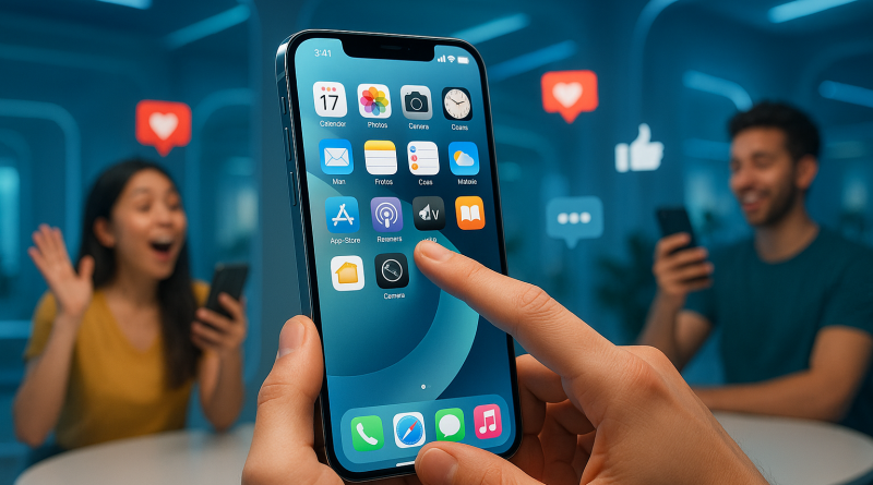 Illustration of finger tapping ios feature in a futuristic tech spaces setting, with a happy mood.