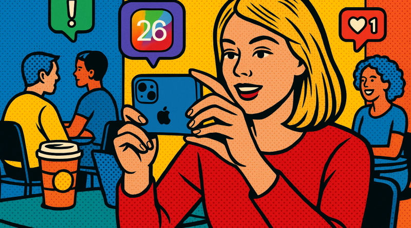 Illustration of person taking photo with iphone in a coffee shops setting, with a creative mood.