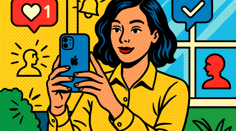 Illustration of person taking photo with iphone in a bright daylight studios setting, with a inspired mood.