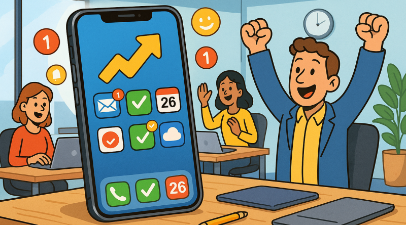Illustration of iphone on desk in a modern workspaces setting, with a happy mood.