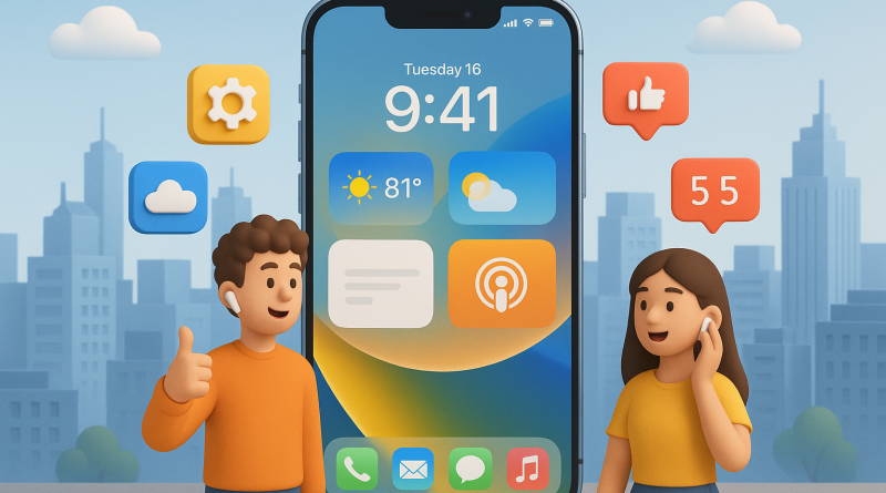 Illustration of ios 26 interface in a urban cityscapes setting, with a creative mood.