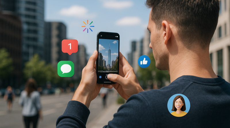 Illustration of person taking photo with iphone in a urban cityscapes setting, with a creative mood.