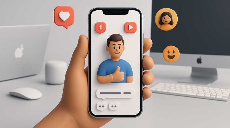 Illustration of iphone in hand in a minimal tech setups setting, with a determined mood.