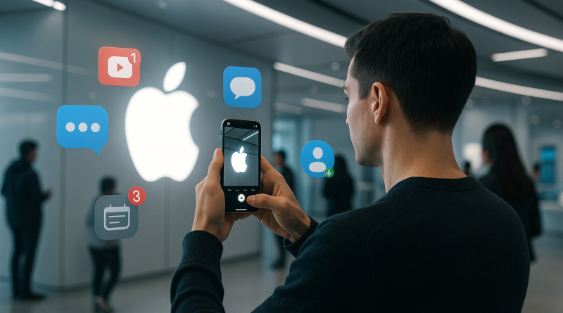 Illustration of person taking photo with iphone in a futuristic tech spaces setting, with a focused mood.
