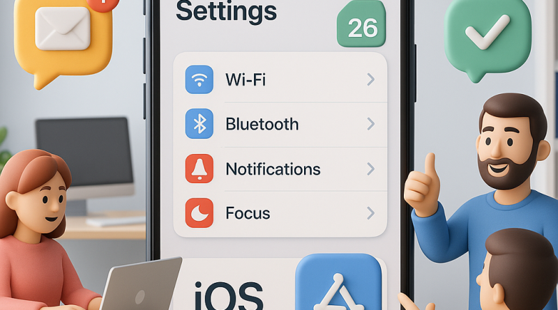 Illustration of ios settings screen in a modern workspaces setting, with a creative mood.